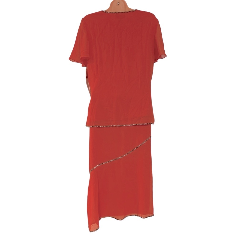 ASHRO Bead Trimmed Georgette Tangerine Orange Midi Skirt Set Wedding Guest Dress - Picture 7 of 16